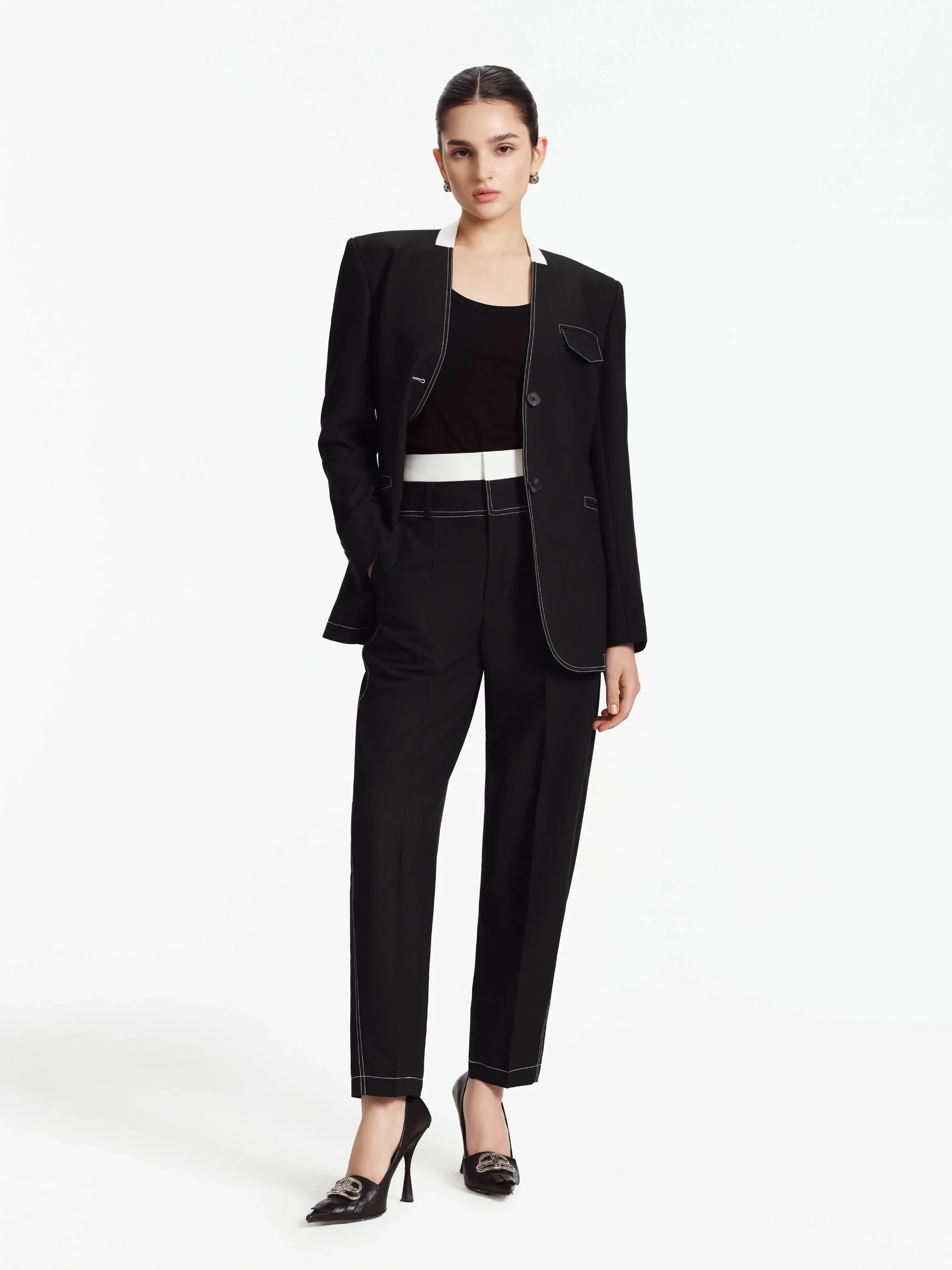 Asal Contrast-Collar Tailored Blazer / Suit (Black)
