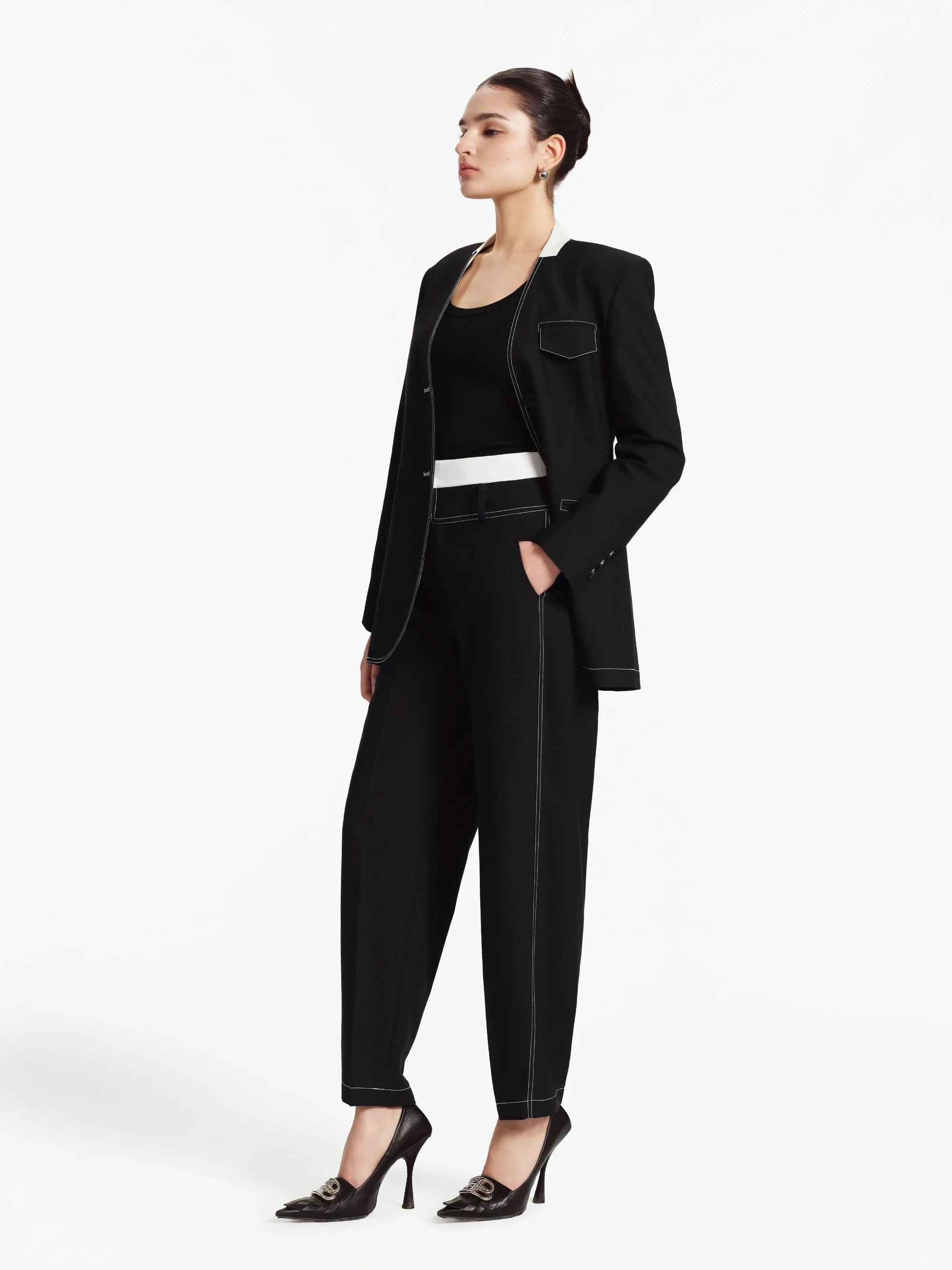 Asal Contrast-Collar Tailored Blazer / Suit (Black)