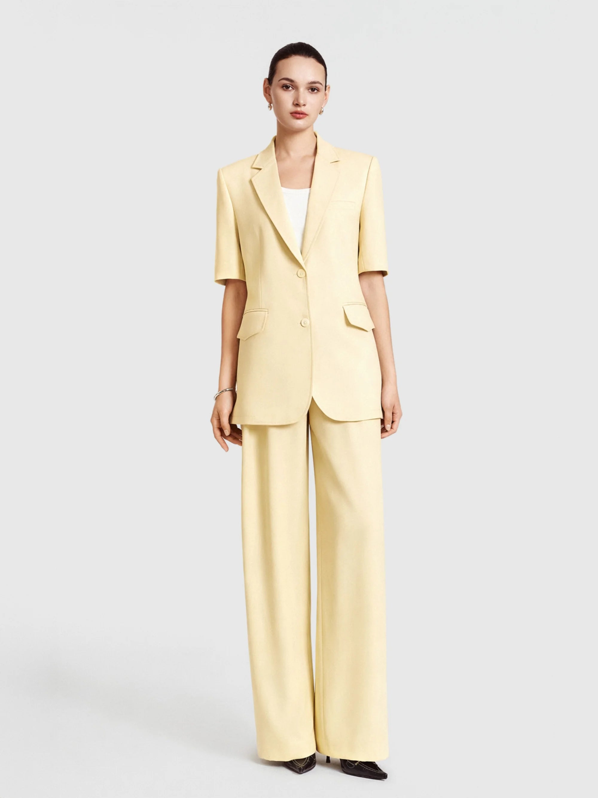 Camille Pleated Wide-Leg Trousers (Butter Yellow)
