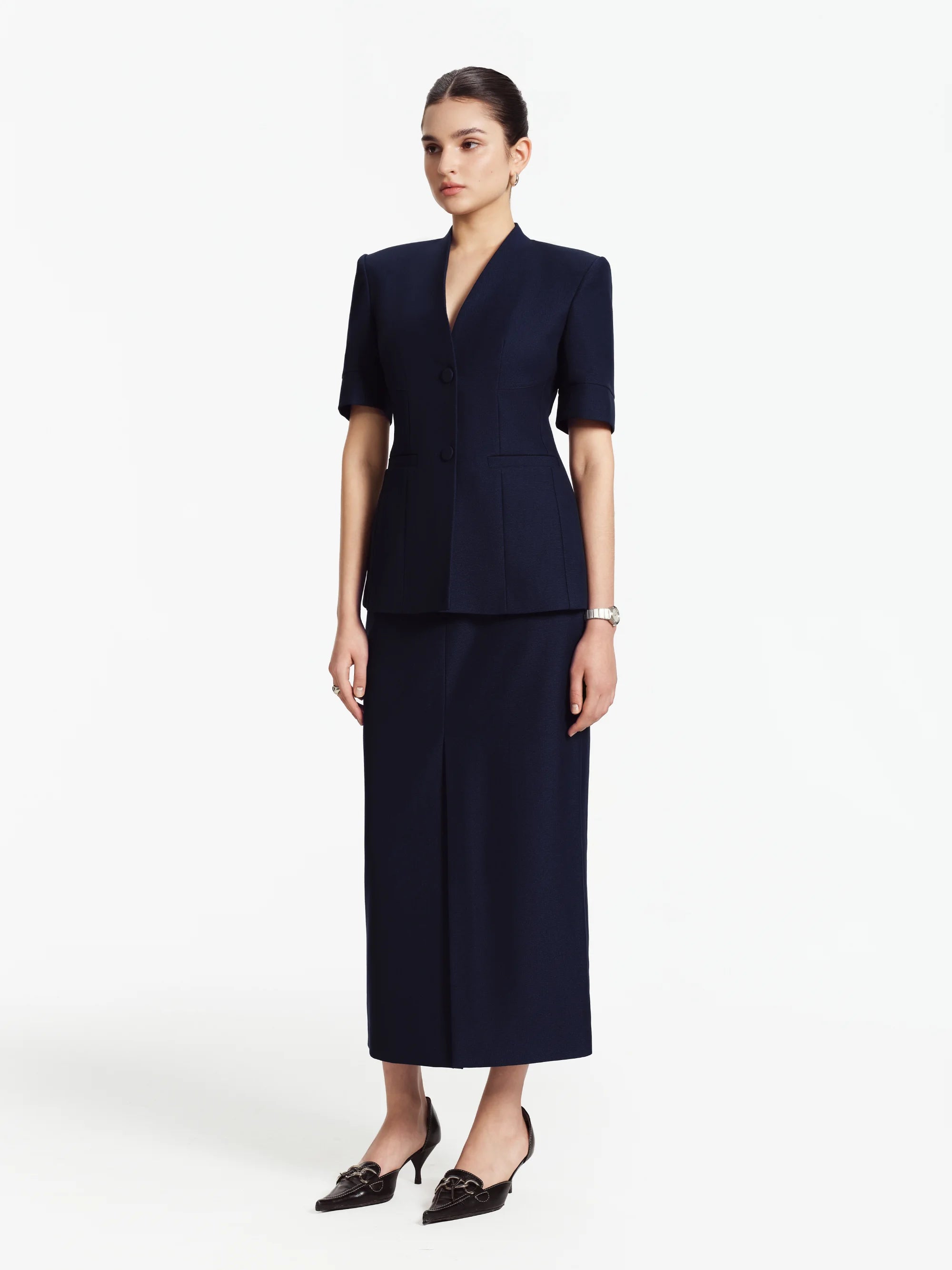 Emily Collarless Longline Blazer / Suit (Deep Navy)
