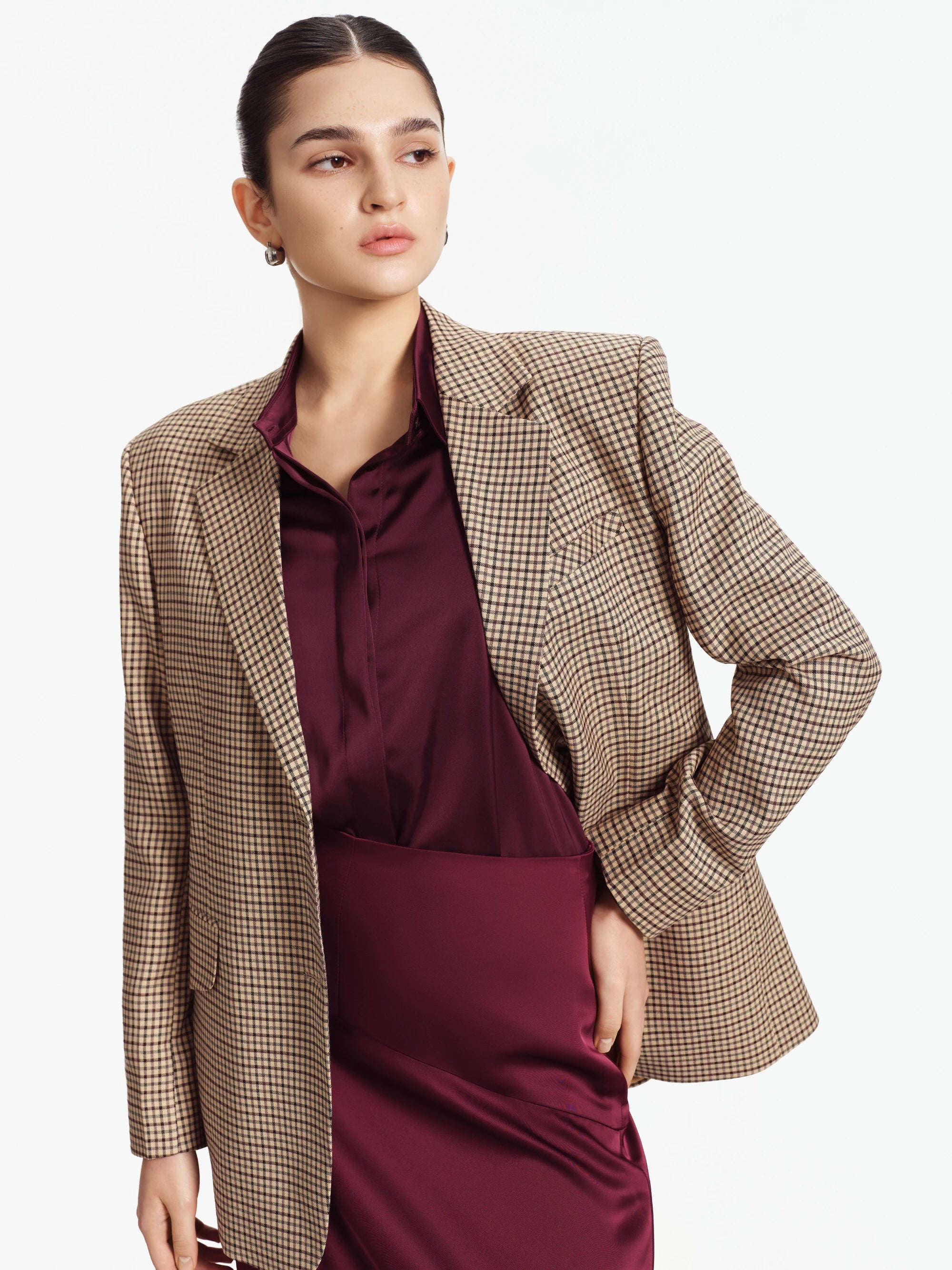 Hannah Relaxed-Fit Checked Blazer (Camel Check)