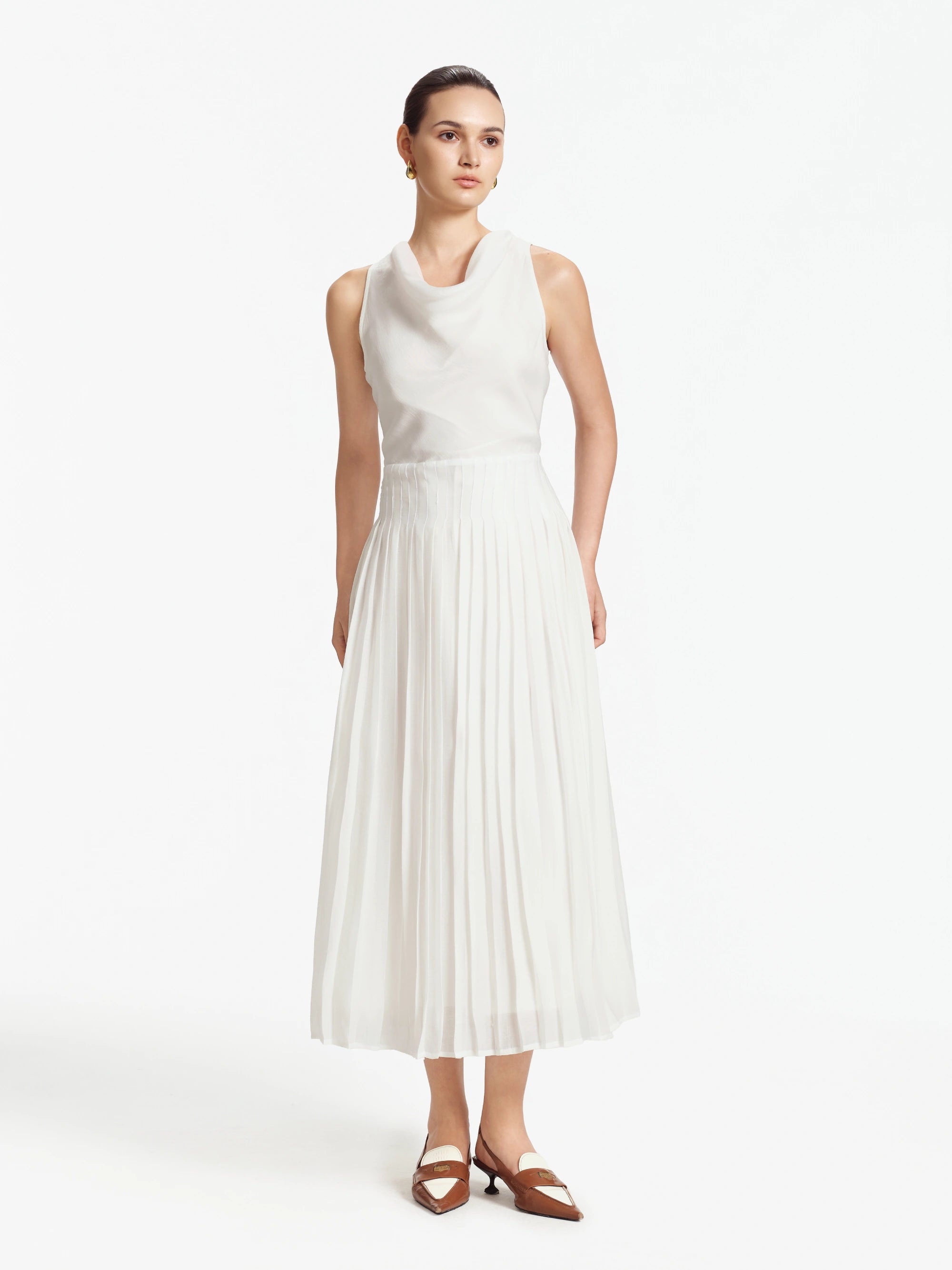 Lilian Draped Cowl-Neck Midi Dress (White)