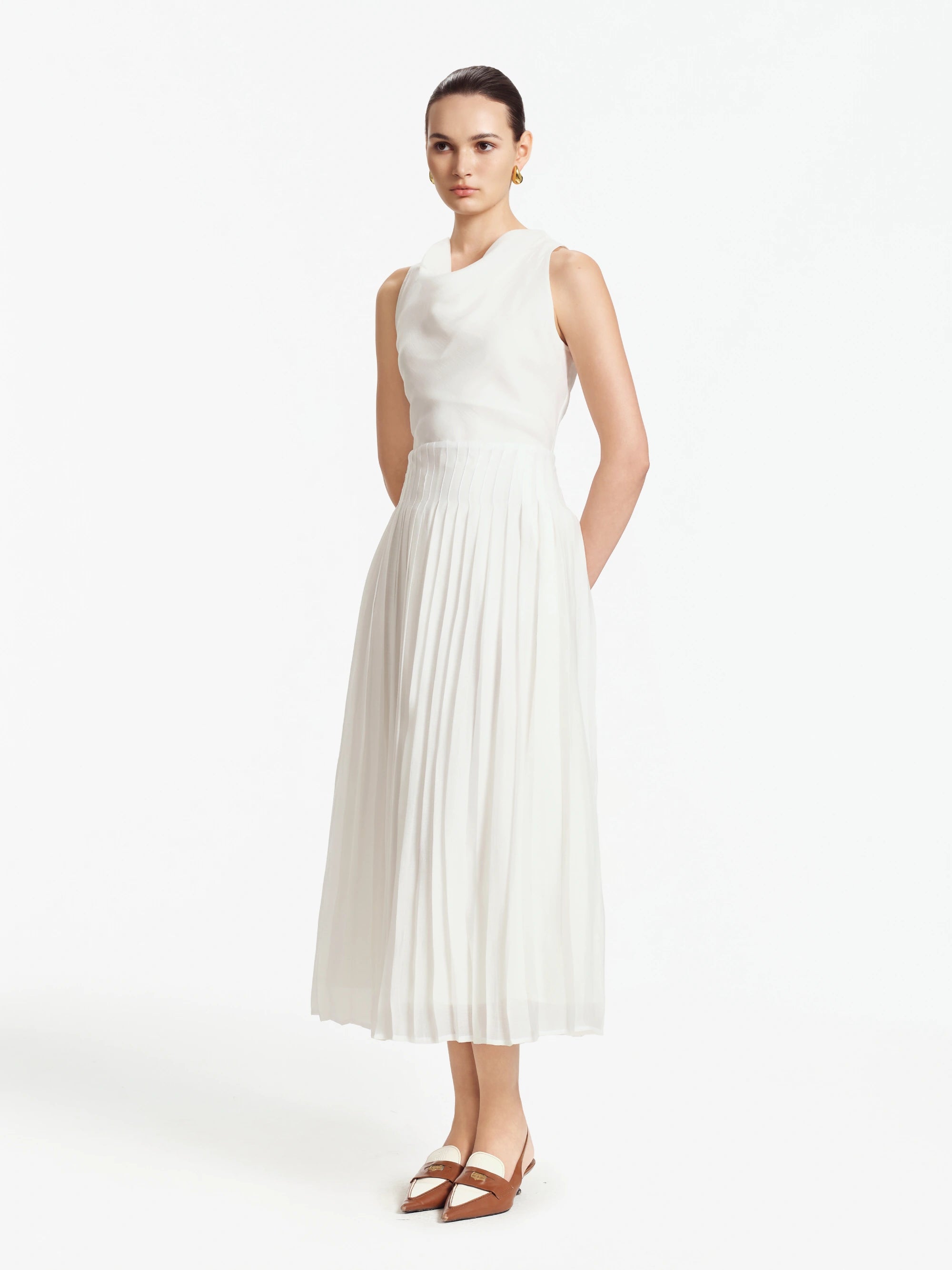 Lilian Draped Cowl-Neck Midi Dress (White)