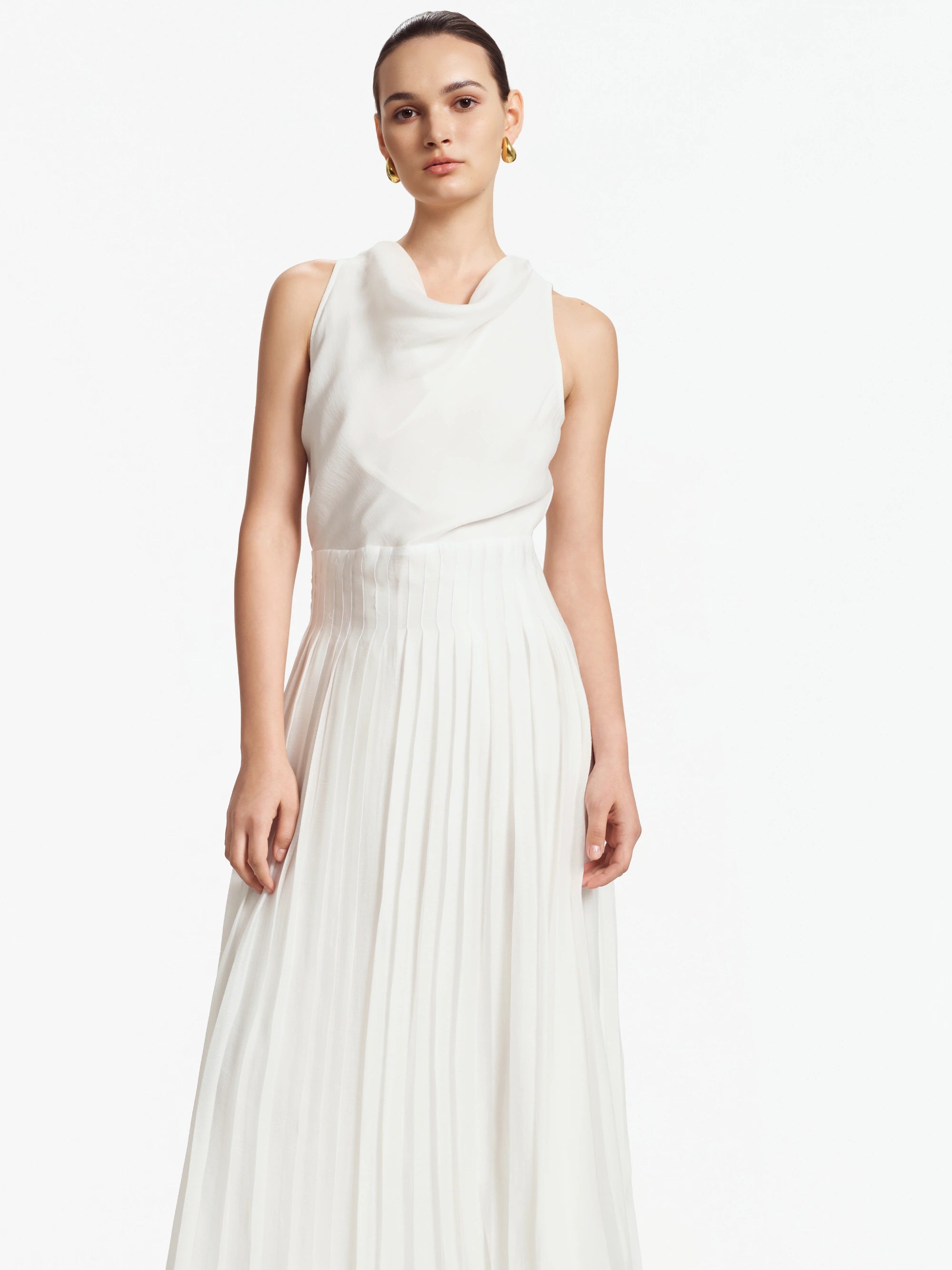 Lilian Draped Cowl-Neck Midi Dress (White)
