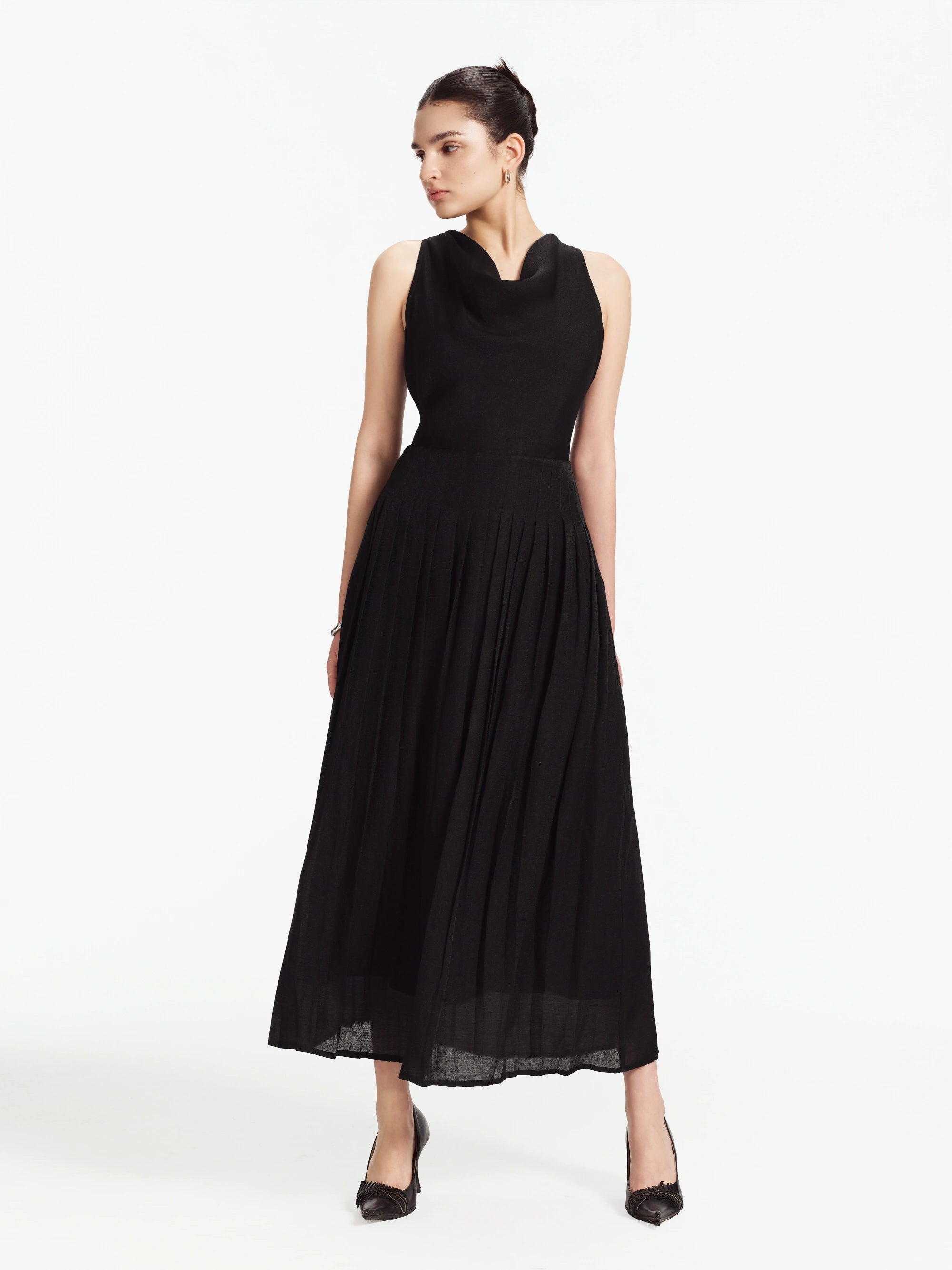 Lilian Draped Cowl-Neck Midi Dress (Black)
