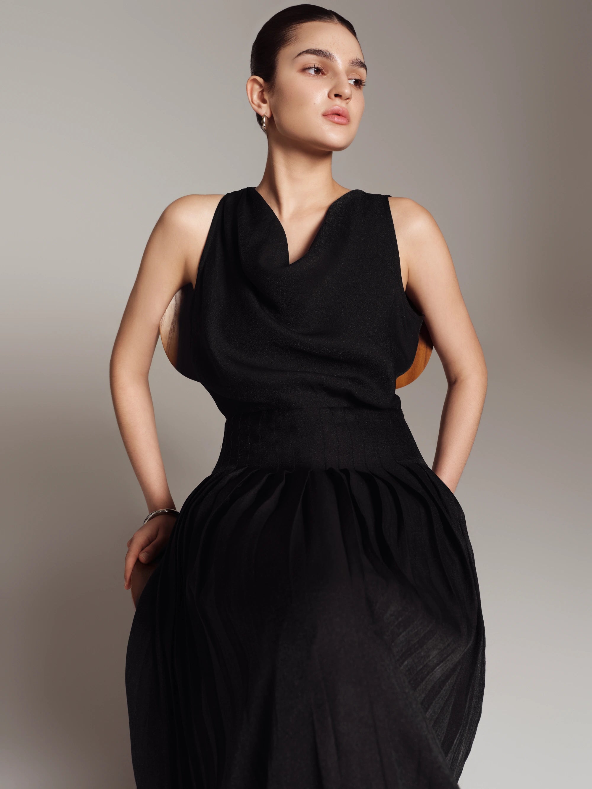 Lilian Draped Cowl-Neck Midi Dress (Black)
