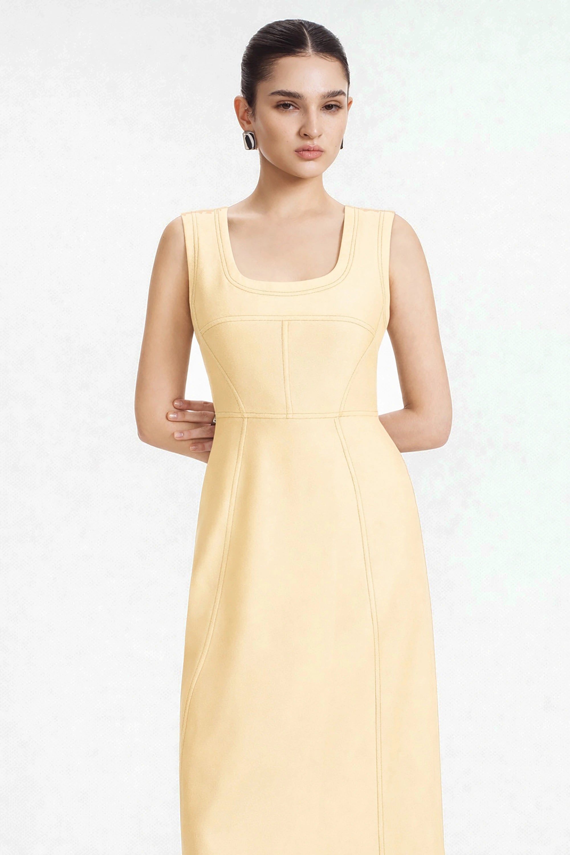 Selena Tailored A-Line Midi Dress (Butter Yellow)