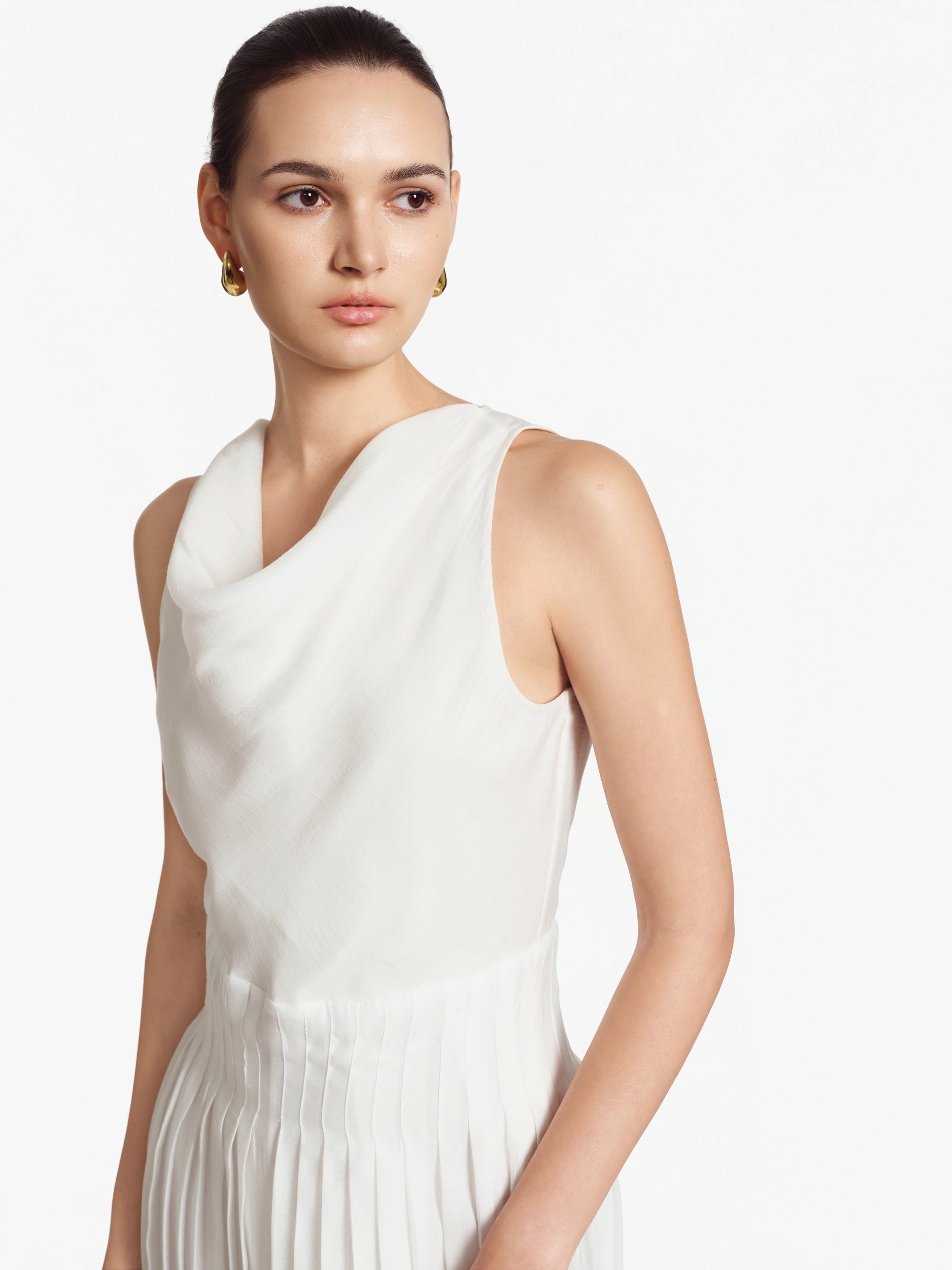 Lilian Draped Cowl-Neck Midi Dress (White)