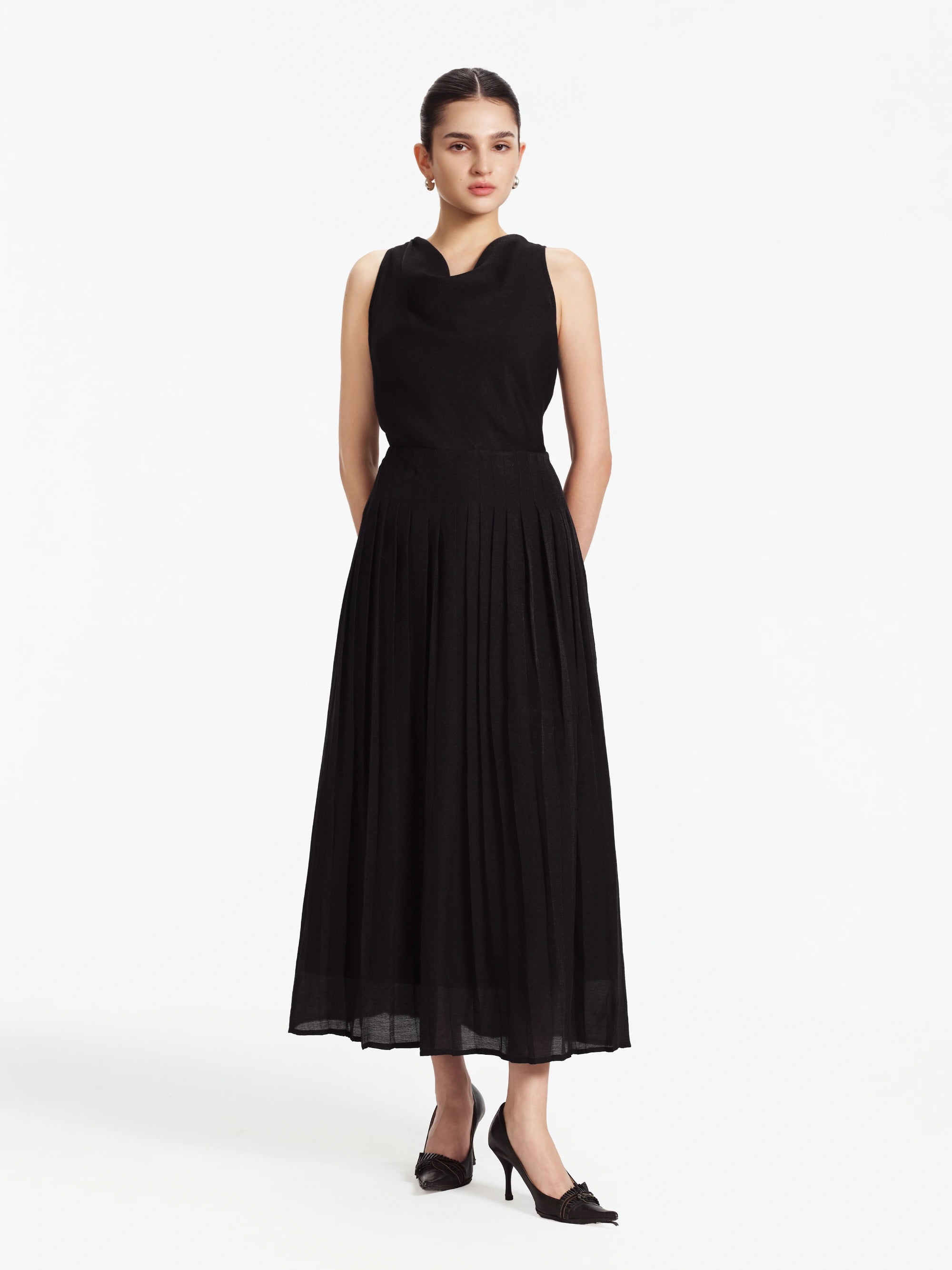 Lilian Draped Cowl-Neck Midi Dress (Black)