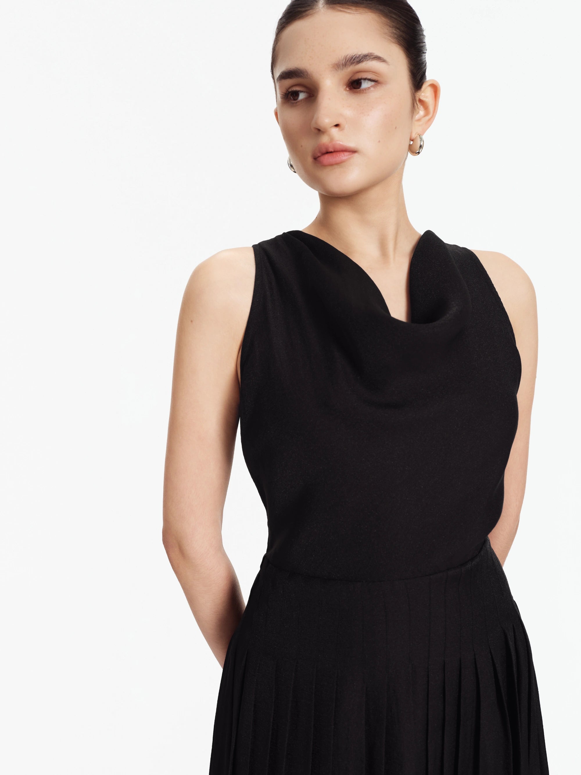 Lilian Draped Cowl-Neck Midi Dress (Black)