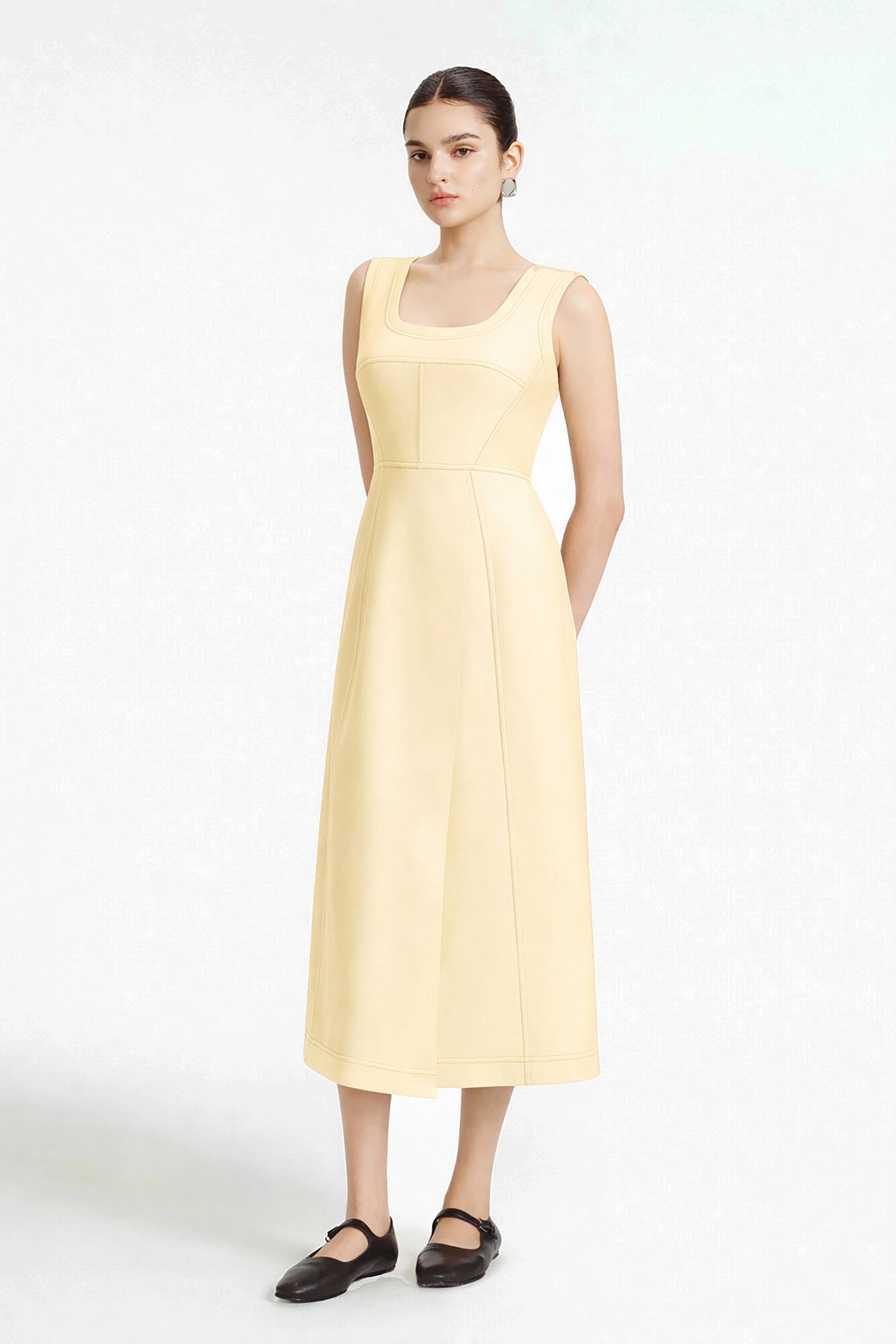 Selena Tailored A-Line Midi Dress (Butter Yellow)